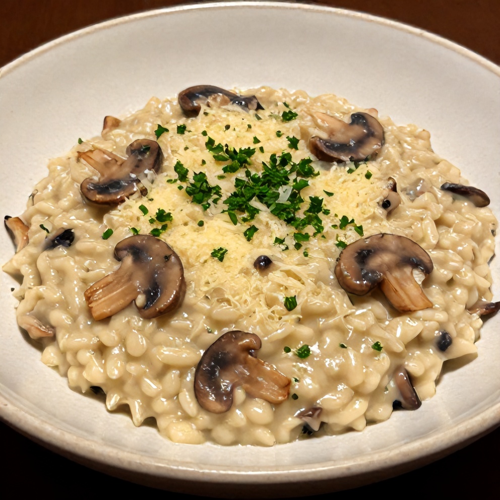 Close up of a serving of creamy mushroom risotto garnished with parsley on a ceramic bowl