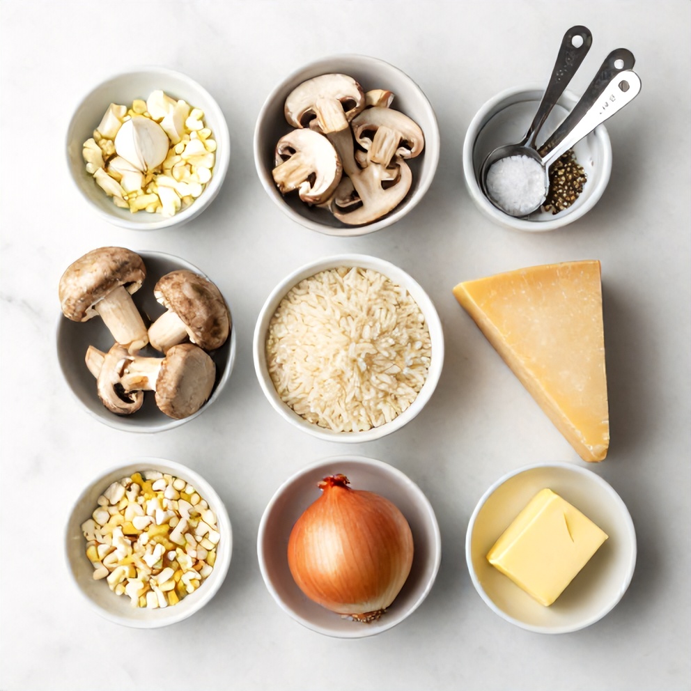 Raw ingredients for mushroom risotto including arborio rice mushrooms parmesan onion butter and broth