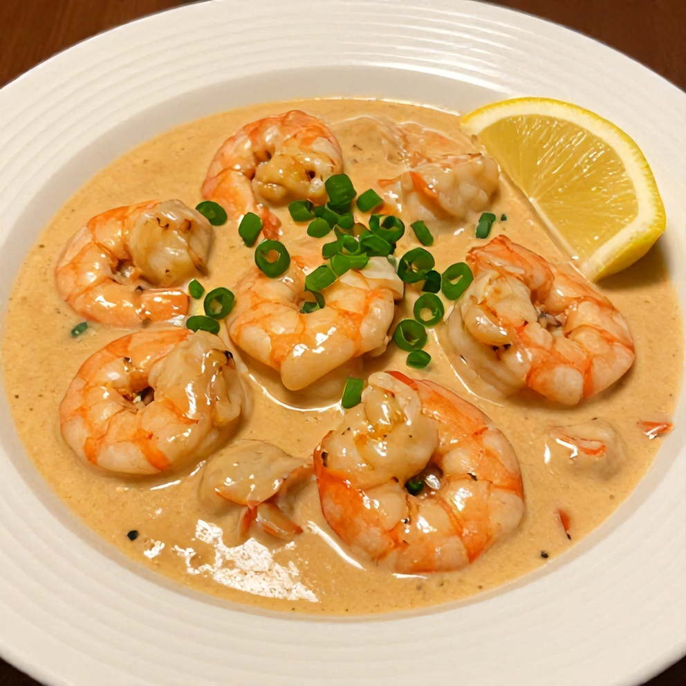 One serving of creamy seafood and shrimp chili in a wide white ceramic bowl, garnished with fresh scallion rings and a lemon wedge, deep amber sauce with visible shrimp and crab pieces, warm side lighting highlighting creaminess.