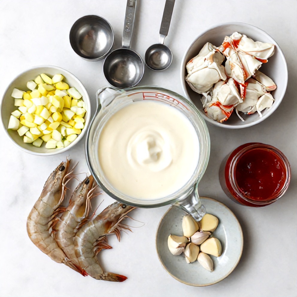 Overhead flat lay: large raw shrimp, lump crab meat, heavy cream, onion, garlic cloves, butter, tomato paste, smoked paprika, cayenne, thyme, and fresh scallions on white marble with stainless steel measuring spoons and small prep bowls.