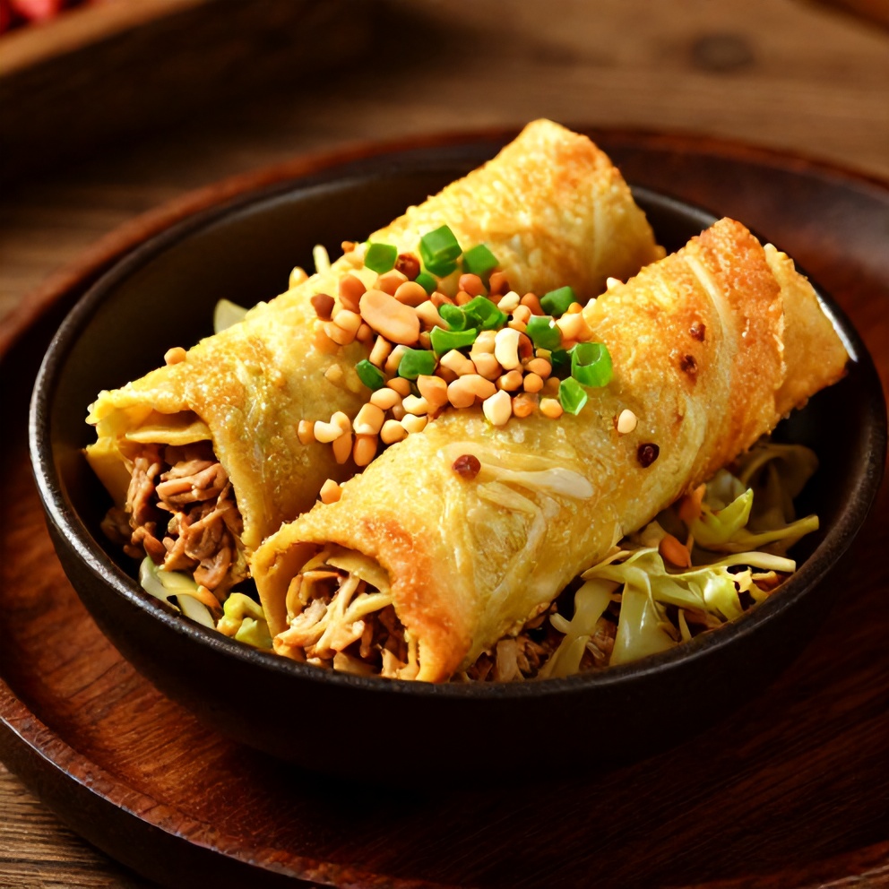 Plated serving of crispy egg roll in a bowl with ground turkey and cabbage
