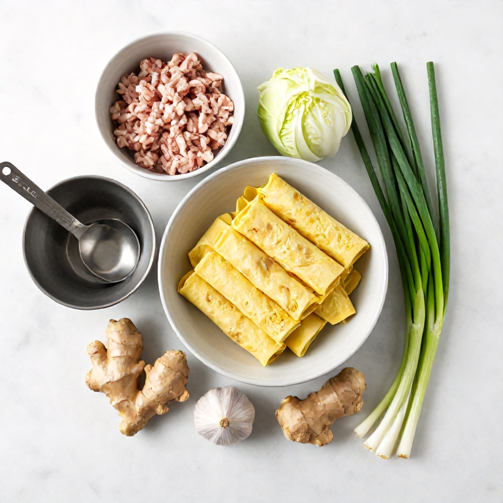 Raw ingredients for egg roll in a bowl with ground turkey and cabbage