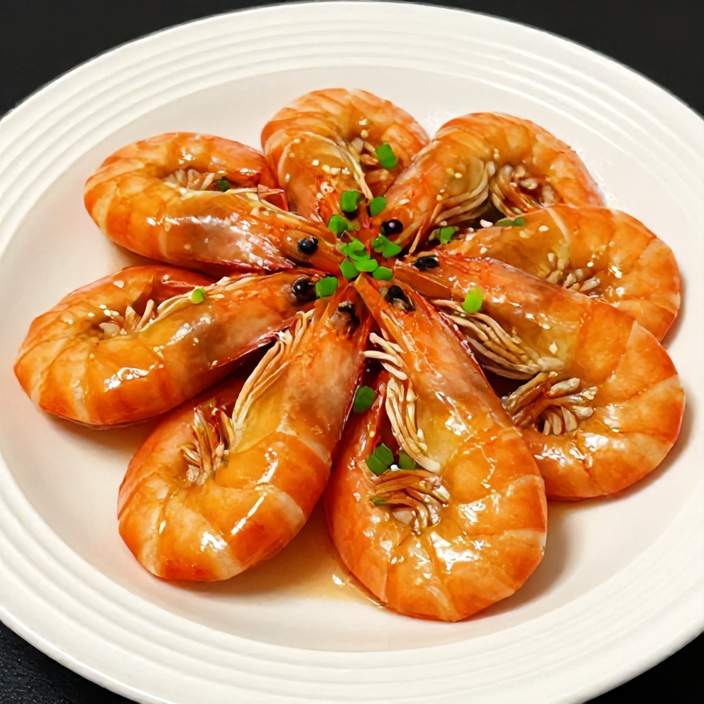 Plated honey garlic shrimp with steamed rice and green onions