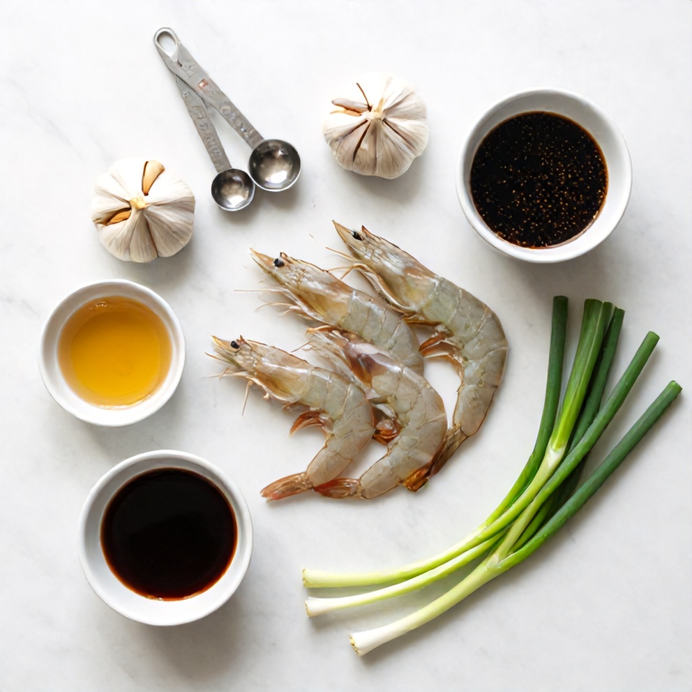 Raw shrimp, garlic, honey, soy sauce, and green onions on a wooden board