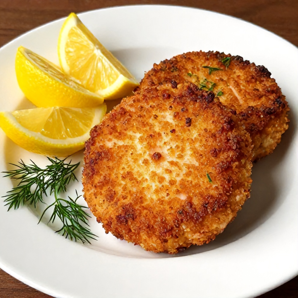 Plated salmon cakes with lemon wedges