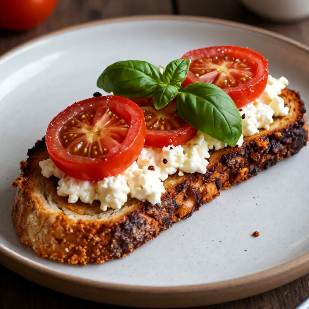 Plated serving of crispy tomato cottage cheese toast with fresh basil