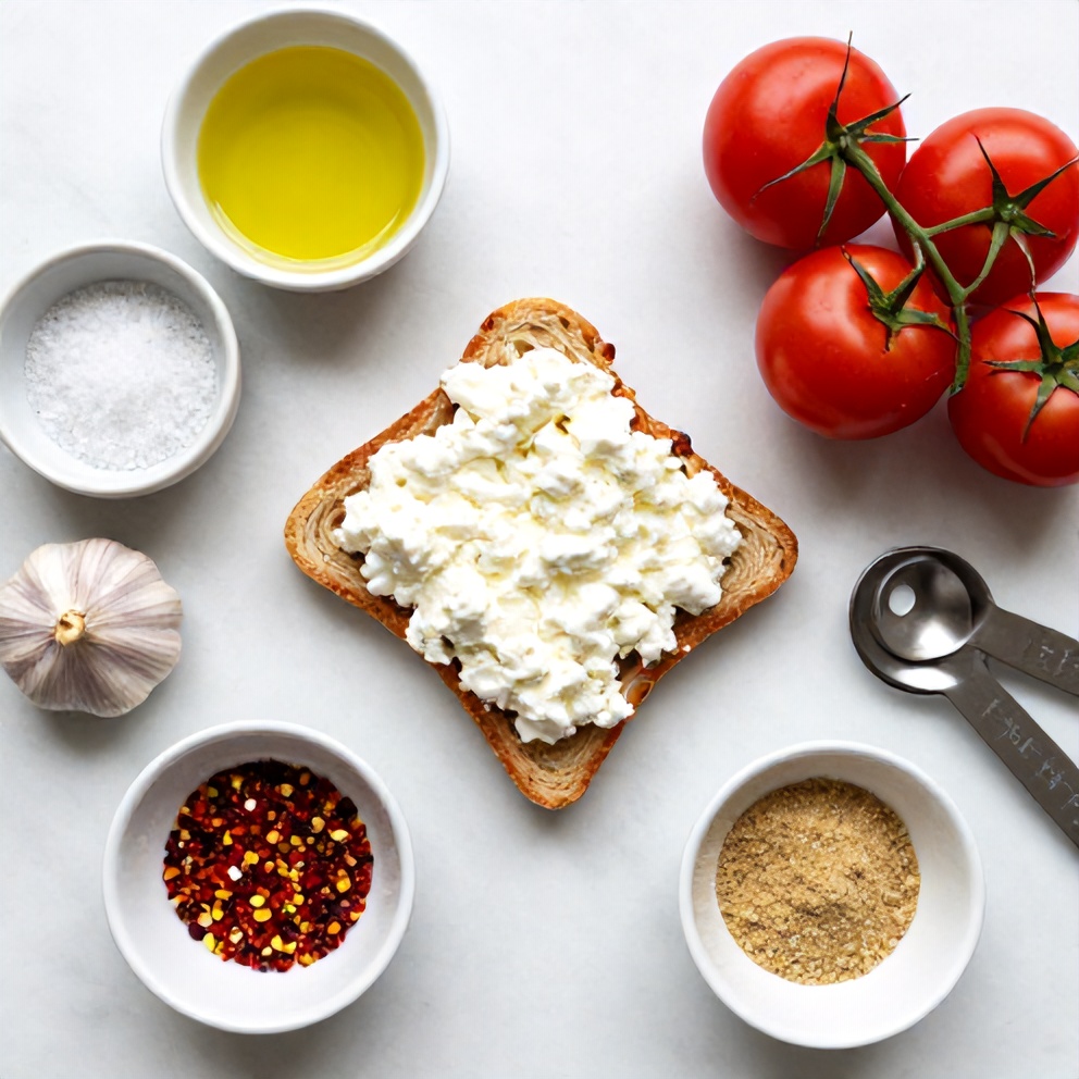 Raw ingredients for tomato cottage cheese toast on a marble surface