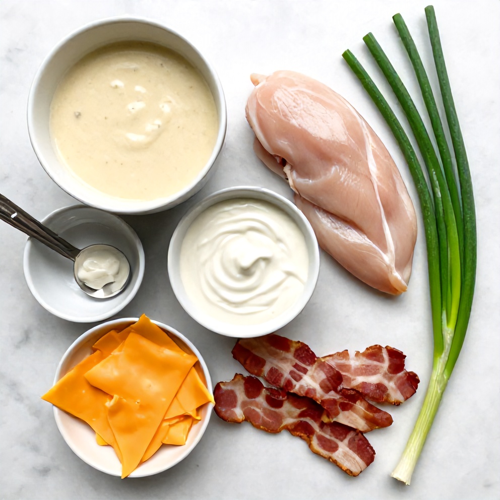 Crock Pot Crack Chicken ingredients: chicken breasts, cream of chicken soup, ranch dressing, cheddar cheese, bacon, and green onions