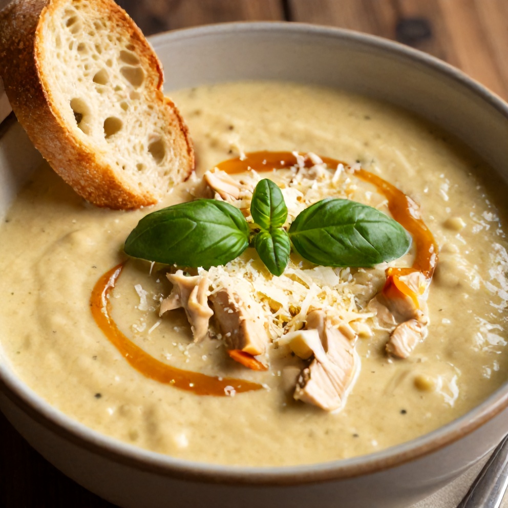 Bowl of Creamy Chicken Parmesan Soup with parmesan cheese