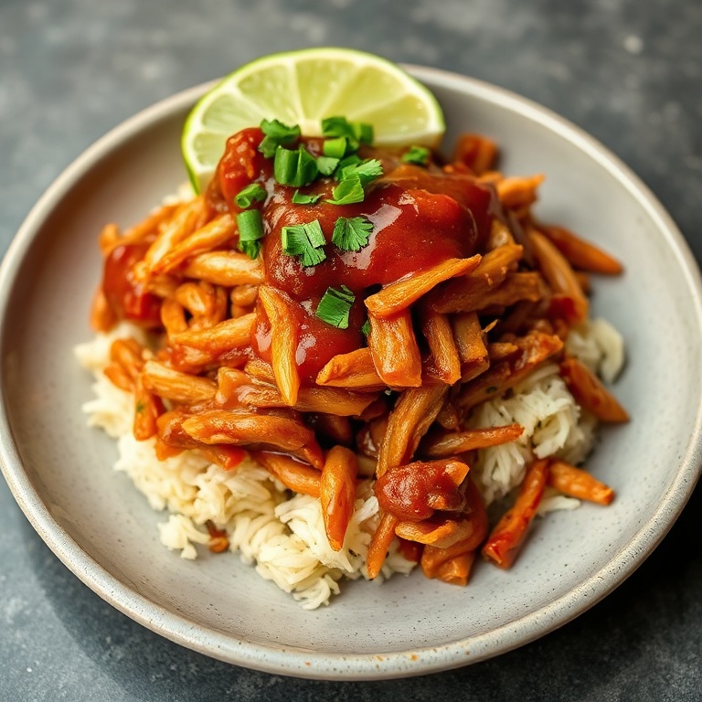 Crockpot BBQ chicken piled into a rustic glazed ceramic bowl, topped with fresh chopped parsley and a lime wedge, warm side light highlighting glossy sauce and tender texture.