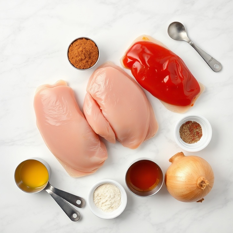 Overhead flat lay of boneless skinless chicken breasts, ketchup, brown sugar, apple cider vinegar, Worcestershire sauce, and yellow onion on white marble with stainless steel measuring cups and spoons.