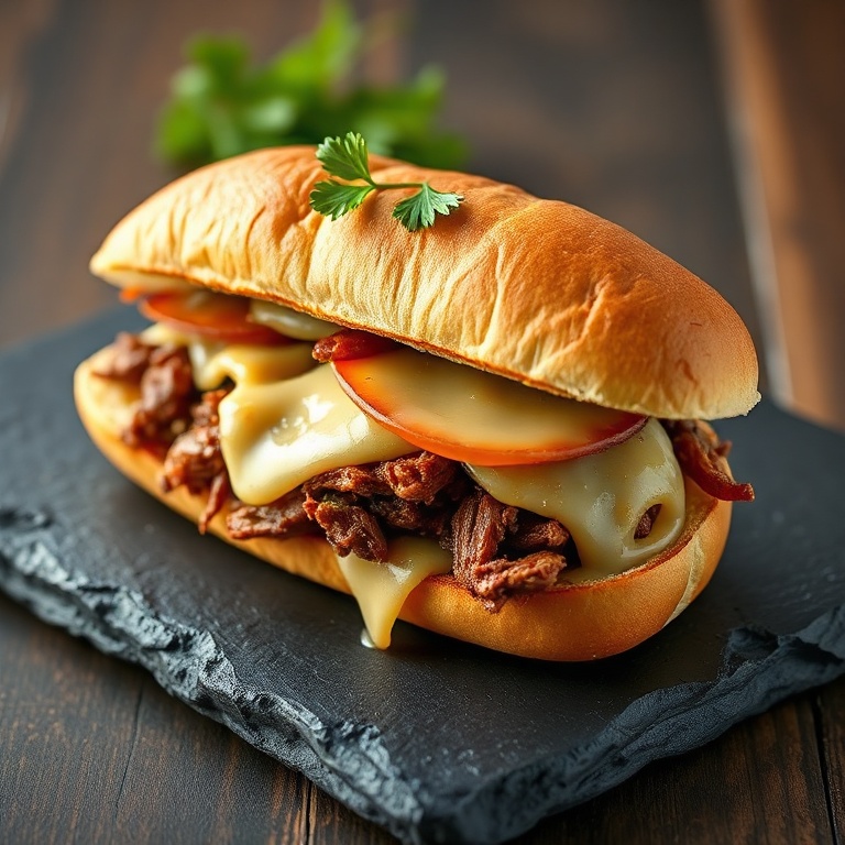 Plated crockpot french dip sandwich on a slate board with provolone melted over shredded beef, dipped in au jus, garnished with fresh parsley, served with a small ramekin of hot jus.