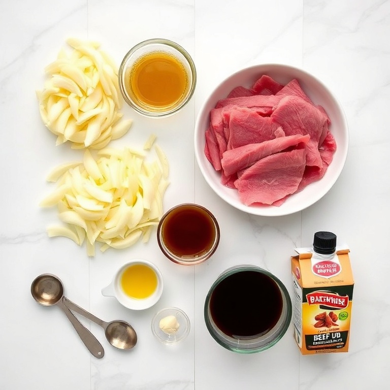 Raw ingredients for crockpot french dip sandwiches: thinly sliced deli roast beef, onion slices, garlic cloves, beef broth carton, and Worcestershire sauce bottle arranged on white marble with small prep bowls and measuring cups.