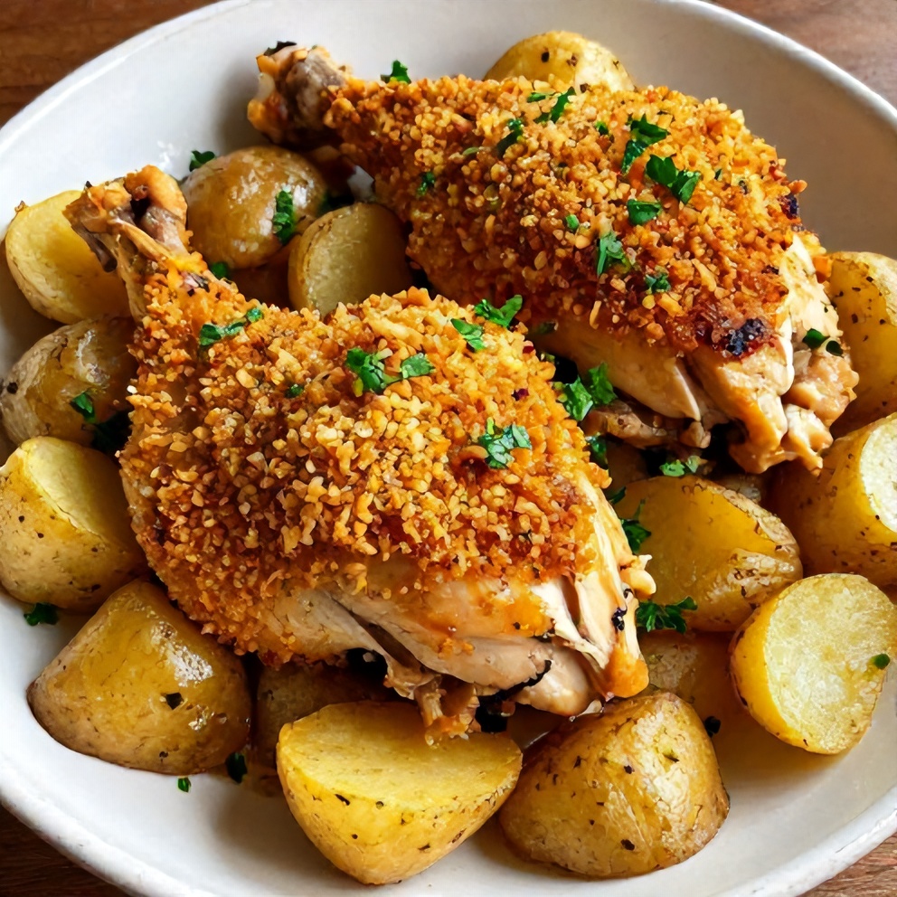 Close-up of plated crockpot garlic parmesan chicken garnished with fresh parsley on a white ceramic plate with warm lighting