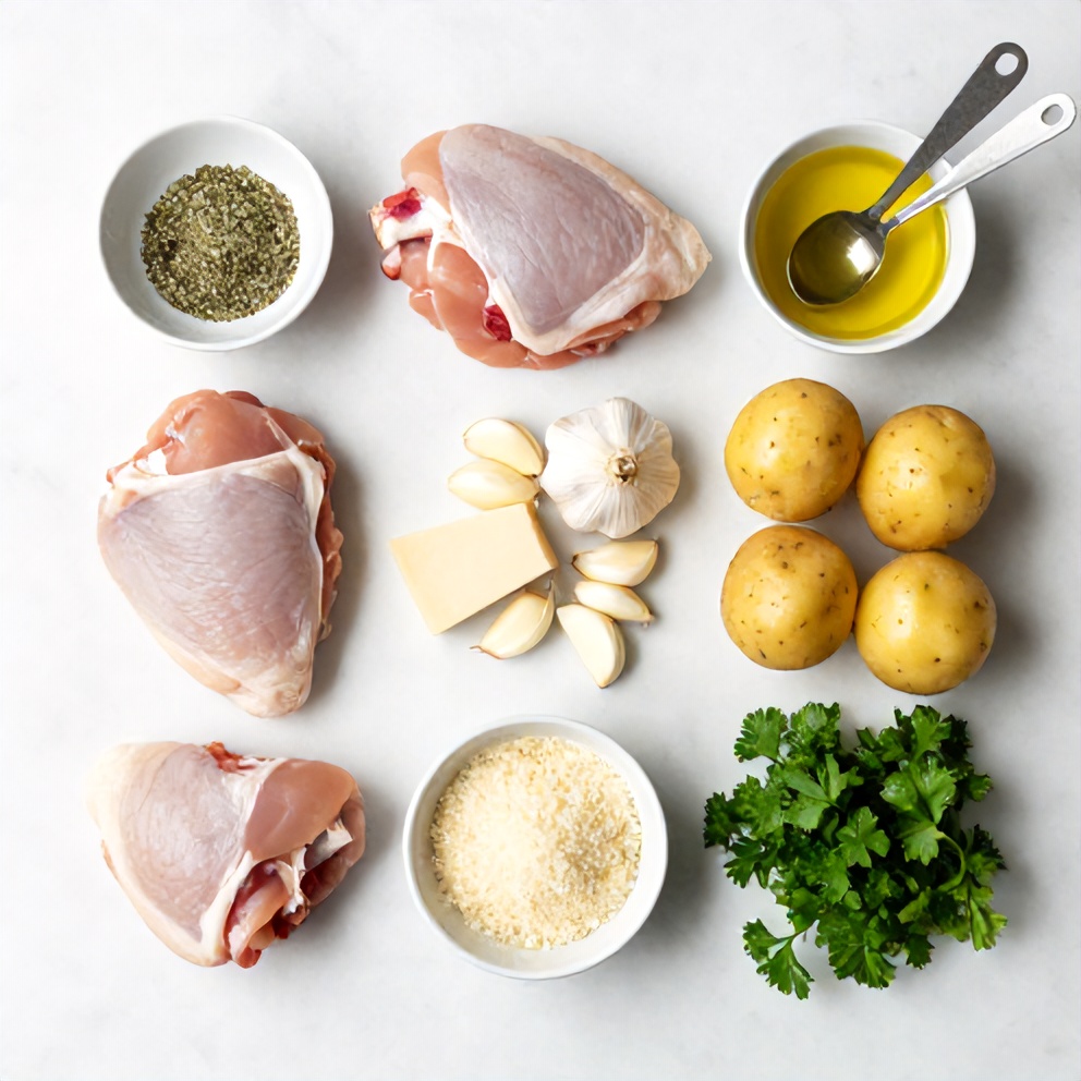 Overhead flat lay of raw chicken thighs, baby potatoes, garlic cloves, parmesan cheese, and fresh parsley on white marble surface with measuring spoons plus prep bowls