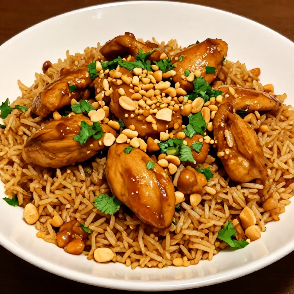 Plated serving of Crockpot Thai Peanut Chicken over rice, garnished with chopped peanuts and cilantro