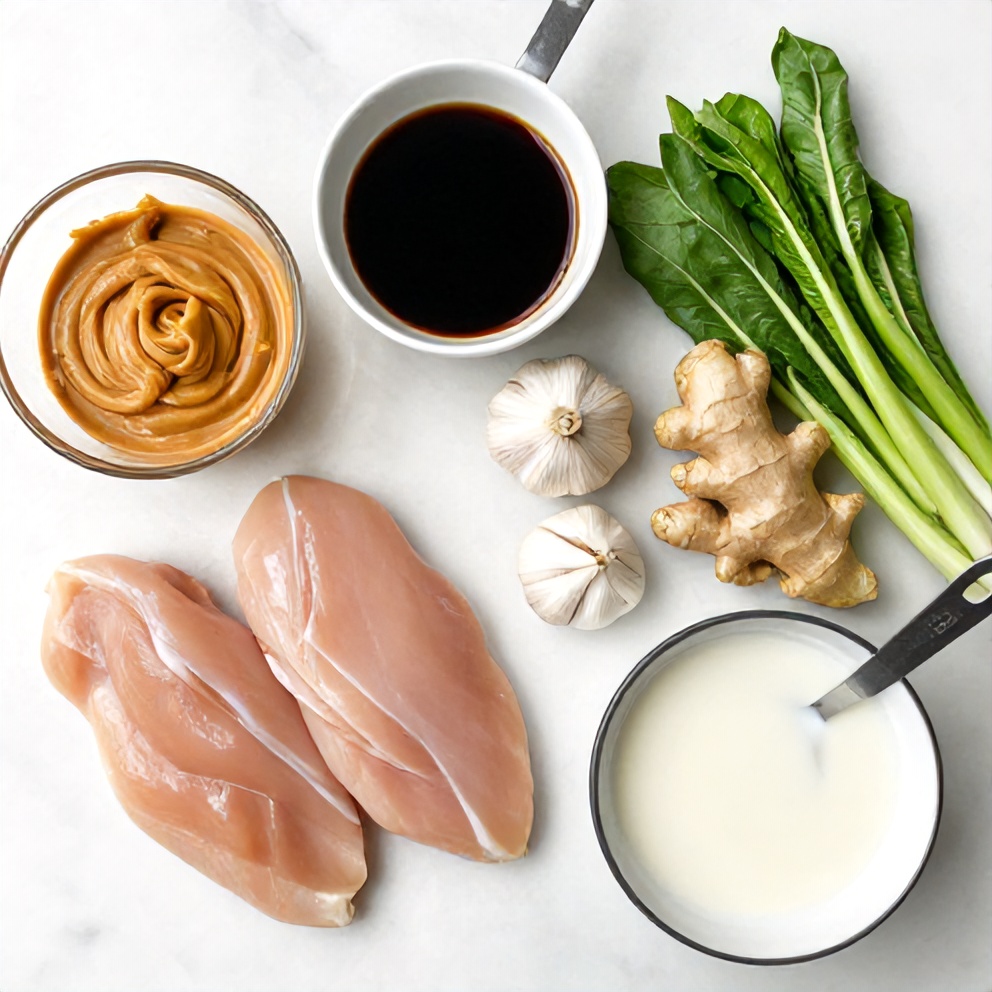 Raw ingredients for Thai Peanut Chicken: chicken breasts, peanut butter, soy sauce, garlic, ginger, coconut milk, and vegetables
