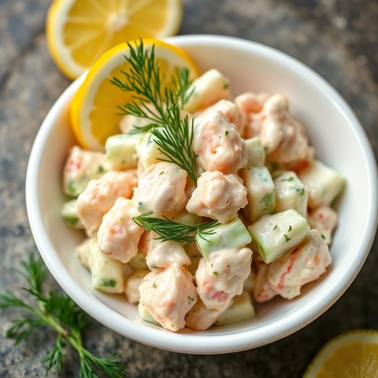Plated serving of easy cucumber crab salad with creamy dressing in a shallow ceramic bowl, garnished with fresh dill and lemon wedge on a dark slate surface.