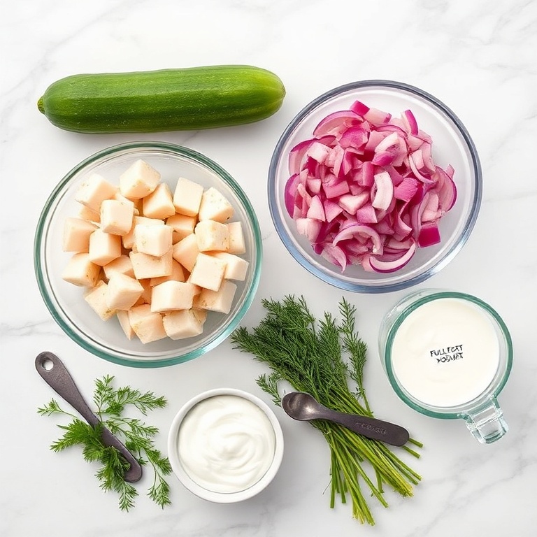 Overhead flat lay of fresh cucumbers, lump crab meat in a glass bowl, red onion slices, fresh dill sprigs, and Greek yogurt on a white marble surface with small prep bowls and measuring spoons.