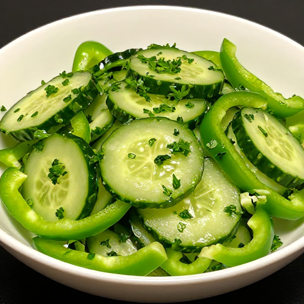 Plated serving of cucumber sweet pepper salad garnished with fresh parsley on a white ceramic plate with textured side lighting