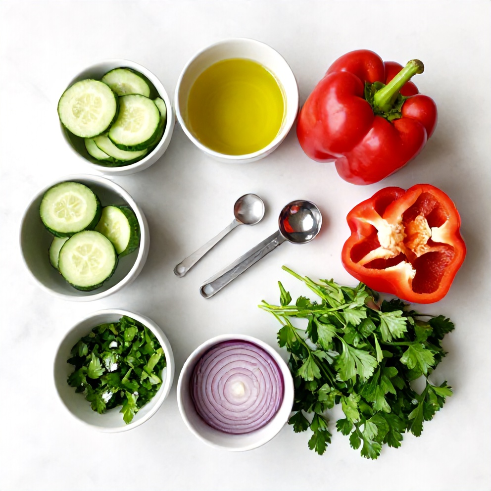 Overhead view of fresh cucumbers, sweet peppers, red onions, olive oil, and fresh herbs arranged with measuring spoons and bowls on a white marble surface