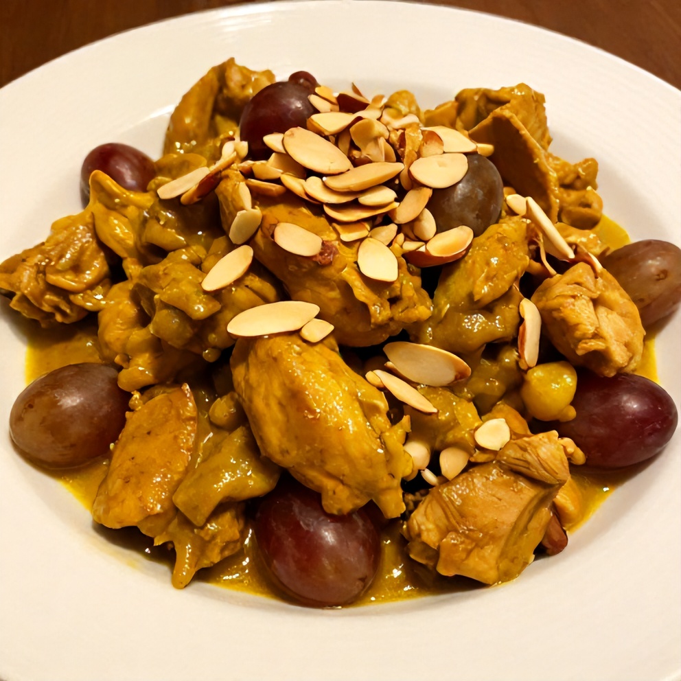 A perfect serving of curry chicken salad on a white plate. Sliced almonds and grapes on top. Warm light shows the texture.