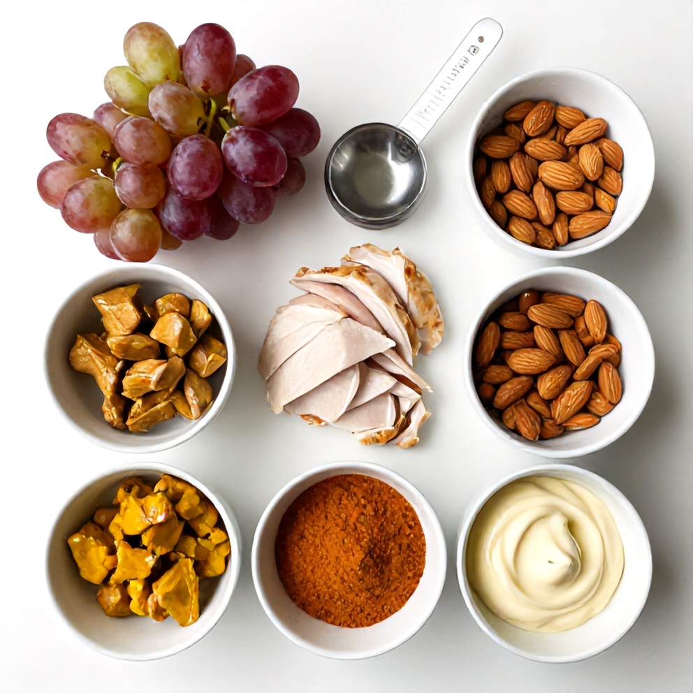 Raw ingredients for curry chicken salad arranged in a flat lay. Grapes, chicken, almonds, curry powder, and mayonnaise visible on a white surface.