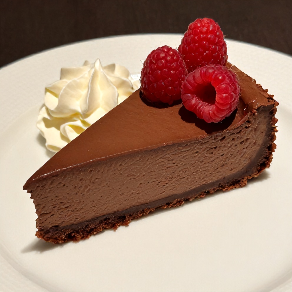 Slice of Easy Dark Chocolate Raspberry Cheesecake on a plate