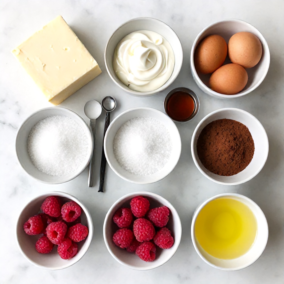 Ingredients for Easy Dark Chocolate Raspberry Cheesecake on a marble surface