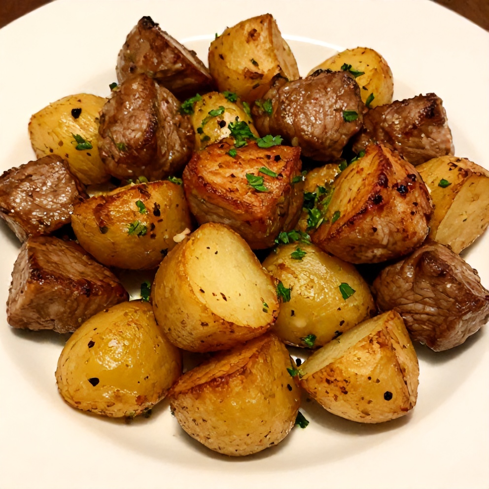 Plated garlic butter steak bites with potatoes