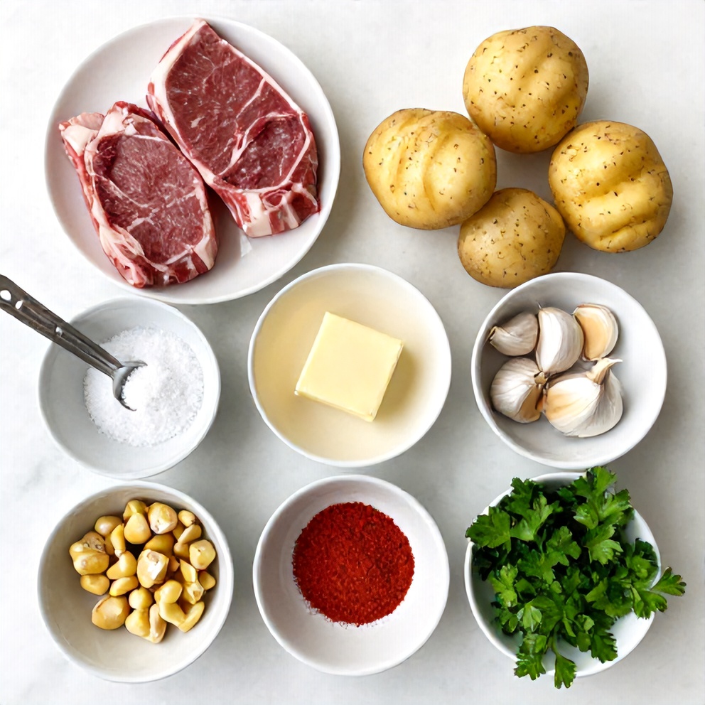Raw ingredients for garlic butter steak bites with potatoes
