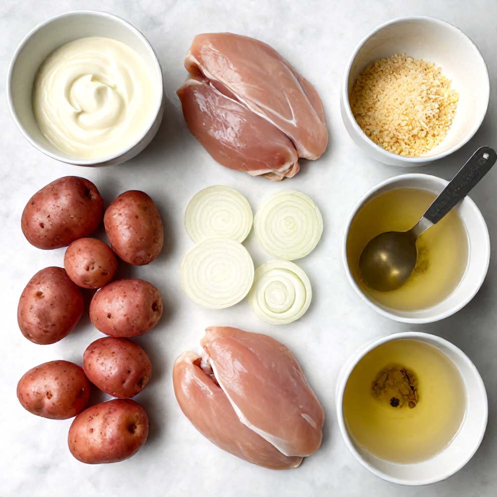 Raw ingredients for Garlic Parmesan Chicken and Potatoes