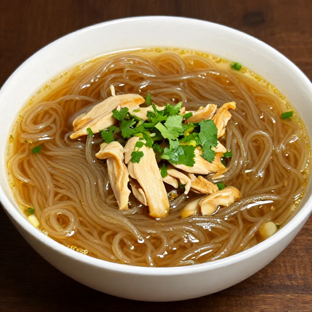 A bowl of Ginger Scallion Chicken Noodle Soup with a sprinkle of chopped cilantro, resting on a dark wooden surface.