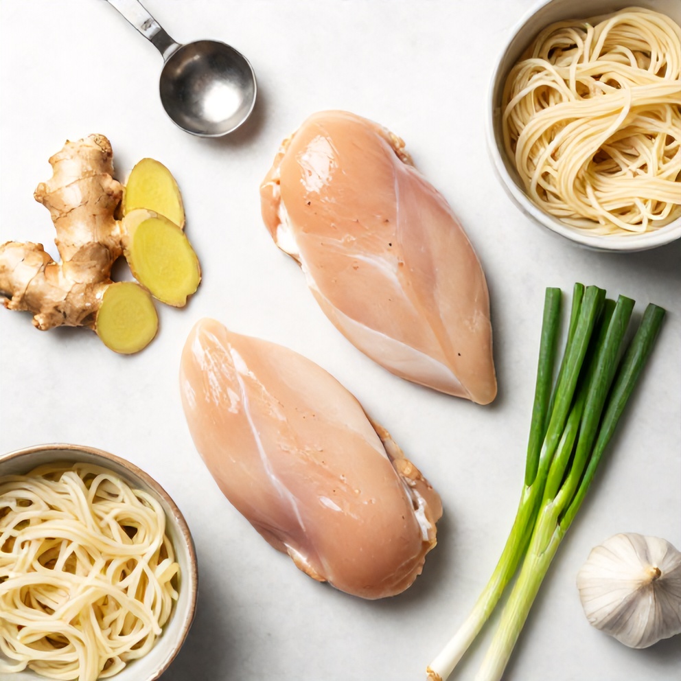 Overhead flat lay of chicken breasts, ginger, scallions, noodles, and garlic. Measuring spoons and bowls visible on a white marble surface.