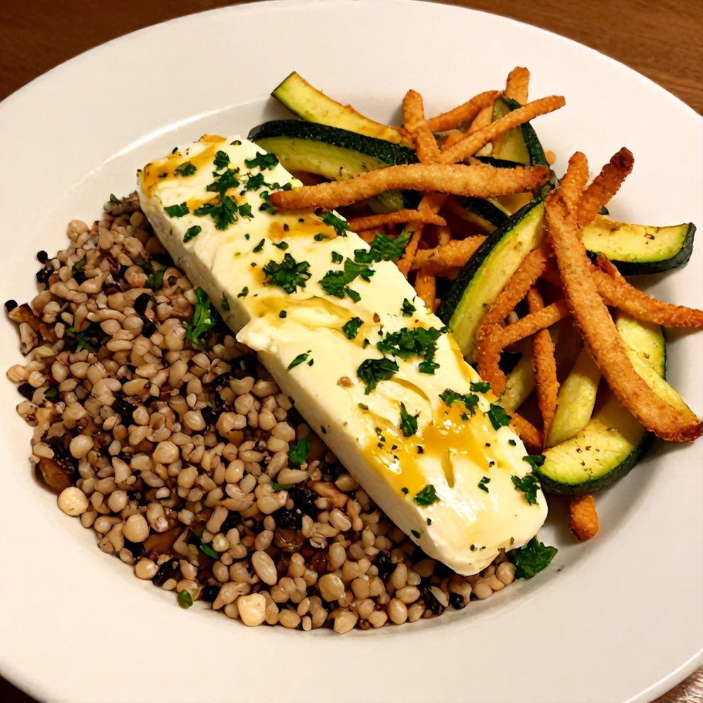 Greek Grain Bowl with Halloumi and Zucchini Crisps