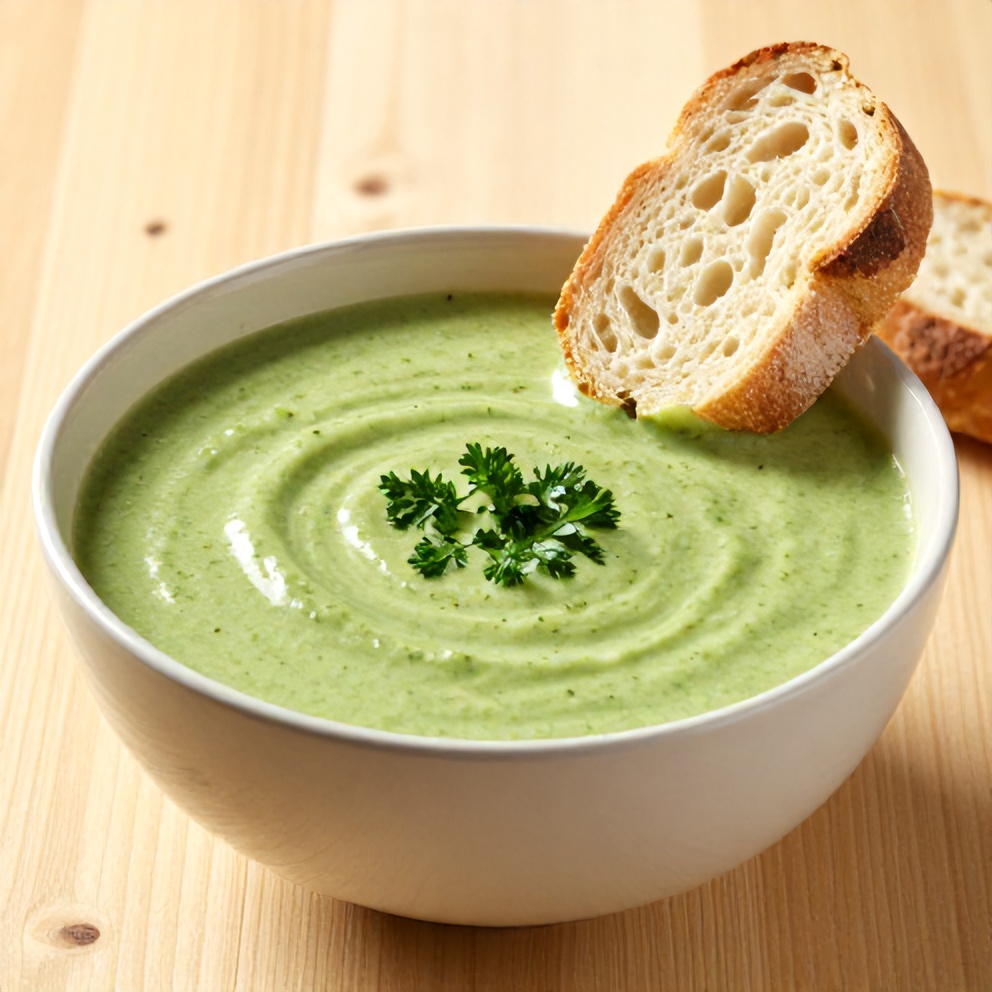 Bowl of creamy green vegetable soup with crusty bread