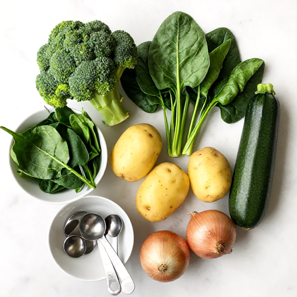 Raw ingredients for green vegetable soup on a white marble surface