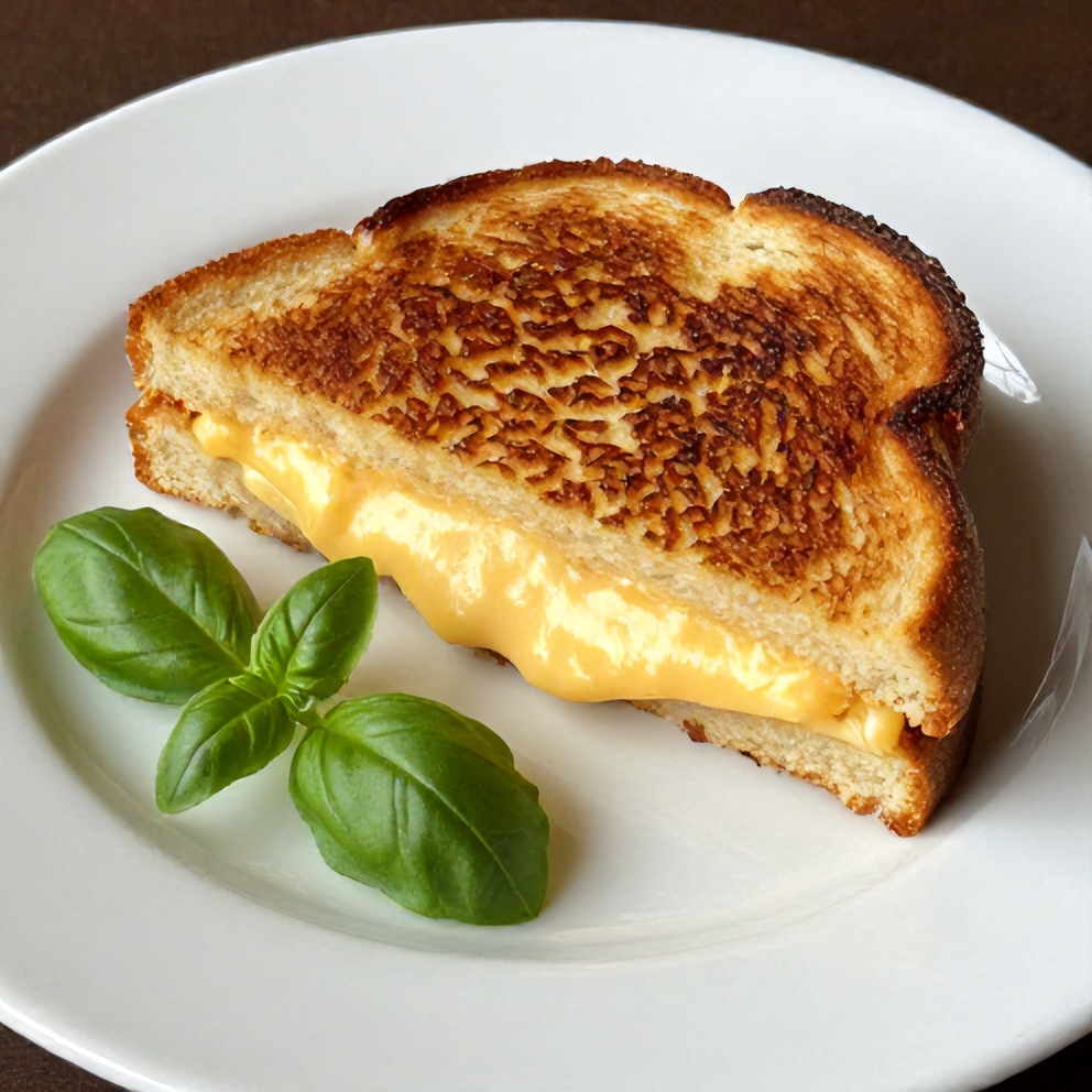 One plated golden grilled cheese sandwich slice with fresh garnish on white plate