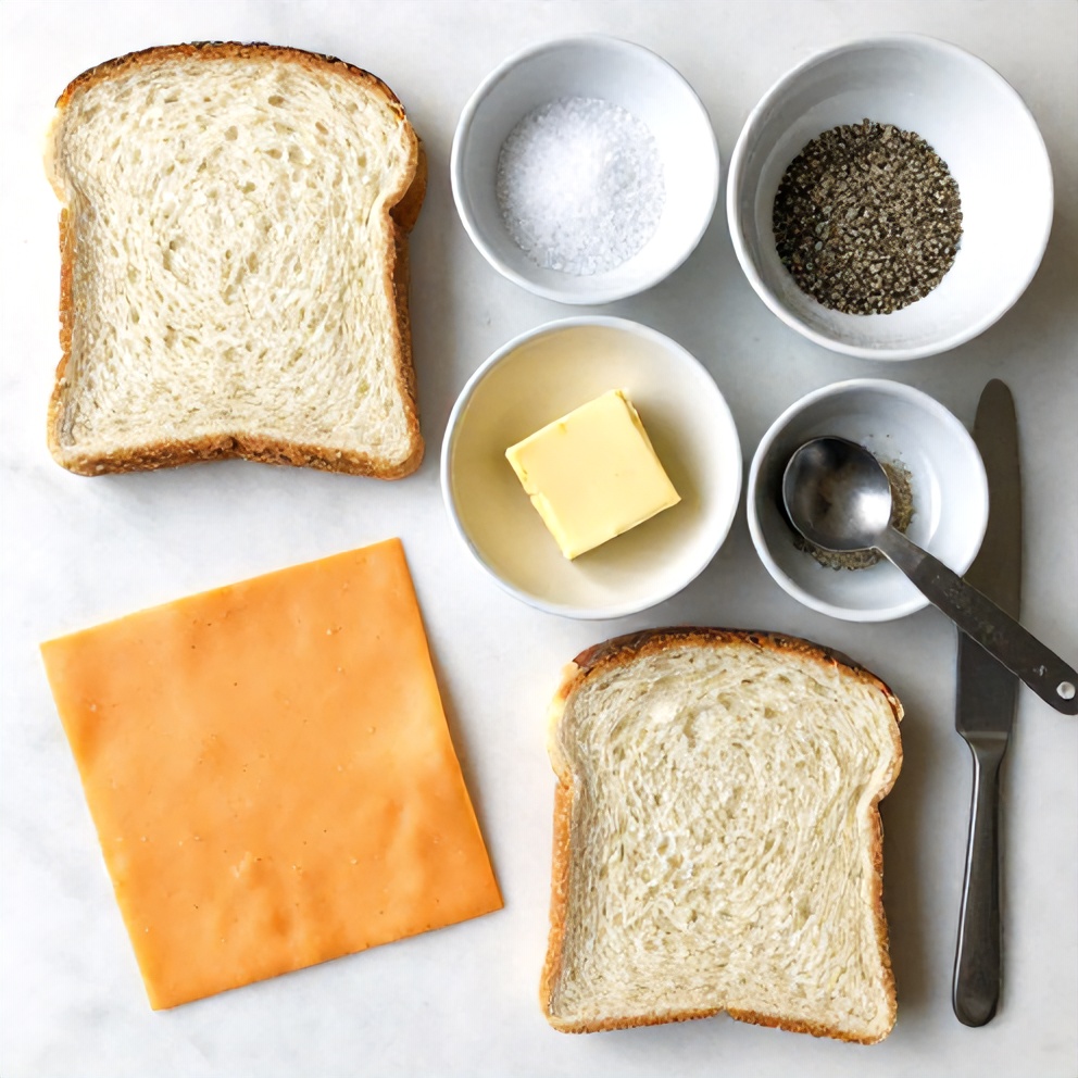 Raw ingredients for grilled cheese sandwich including sliced bread, cheddar cheese, butter, and seasoning with measuring spoons