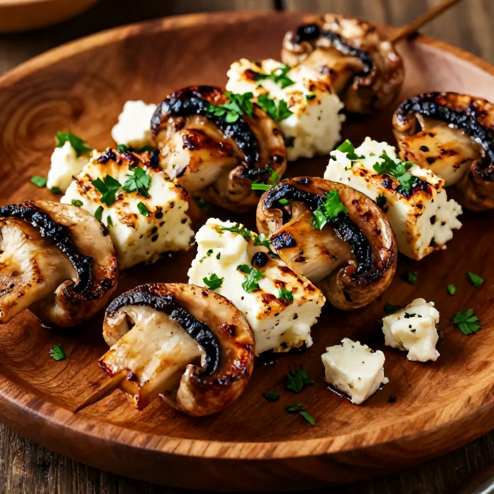 Plated grilled mushroom skewers with fresh parsley