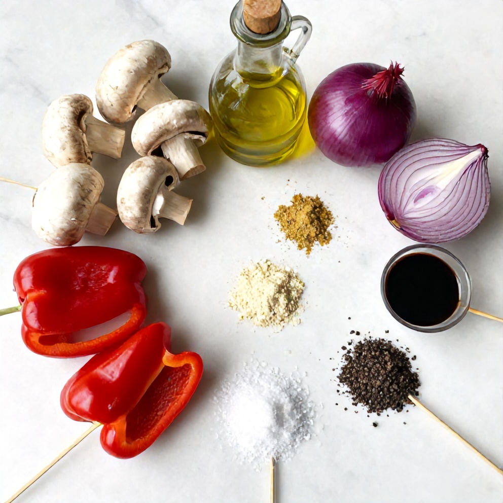 Mushrooms, bell peppers, onions, and other ingredients for grilled mushroom skewers