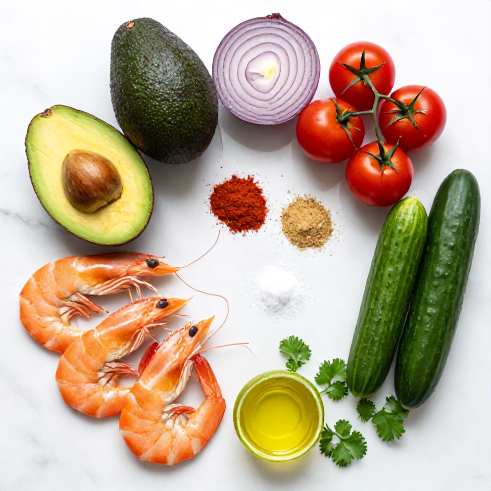 Raw Ingredients for Easy Grilled Shrimp and Avocado Bowl