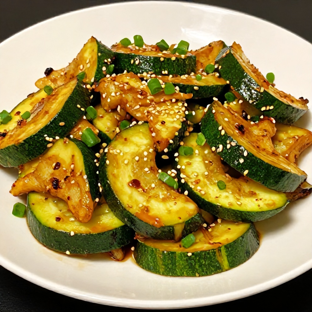 Plated easy hibachi zucchini stir fry garnished with sesame seeds on a white plate close up