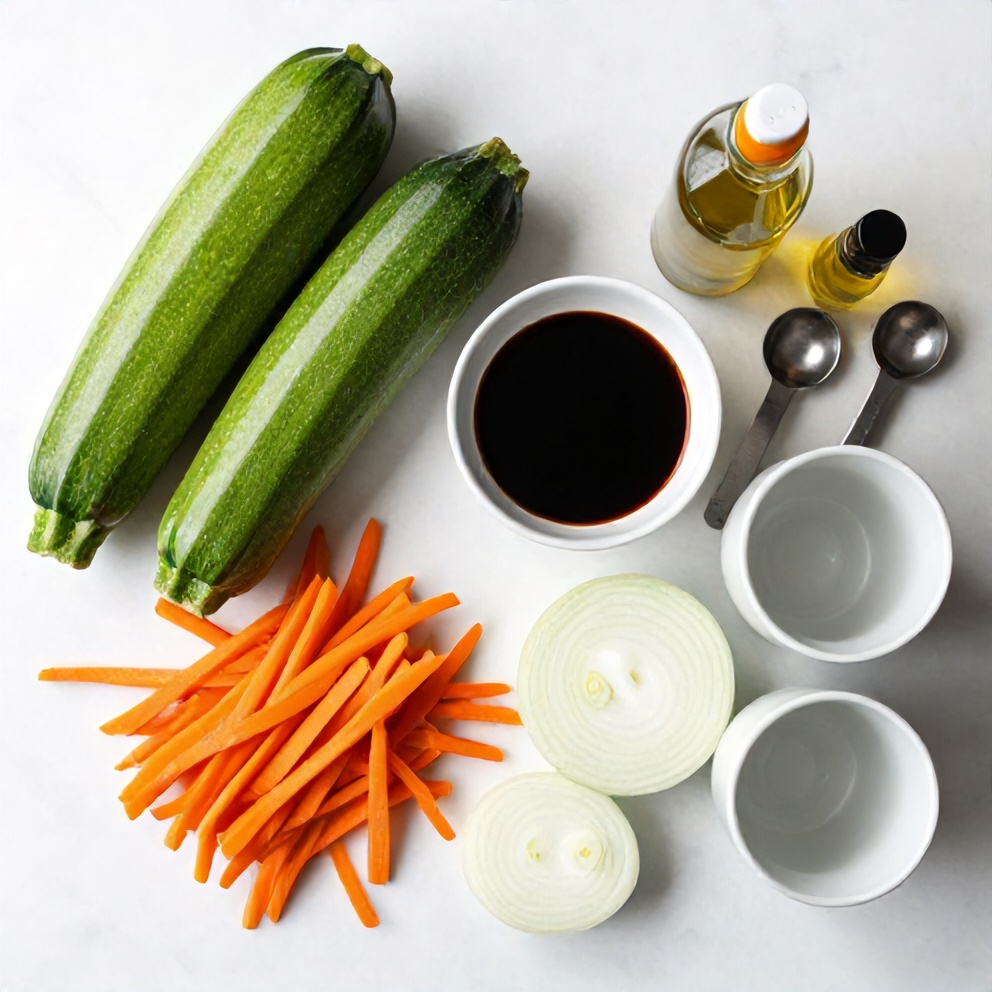 Overhead flat lay of zucchini, carrots, onion, soy sauce, and sesame oil measured out with prep bowls on white marble