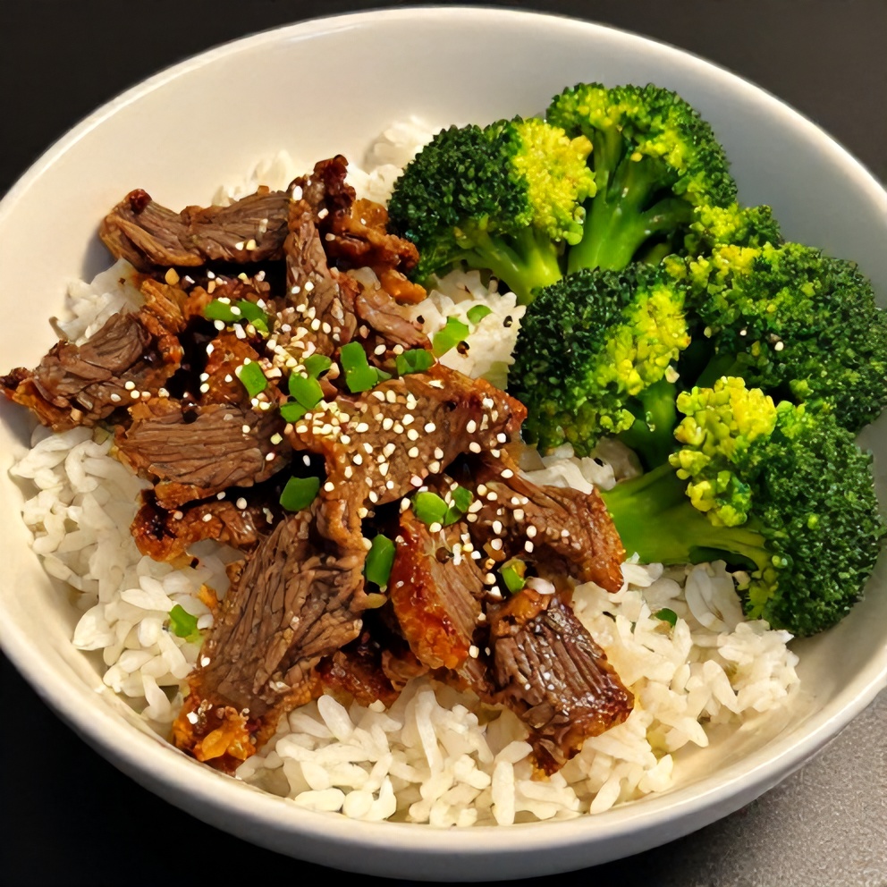Beef and Broccoli Rice Bowl with sesame seeds and green onions