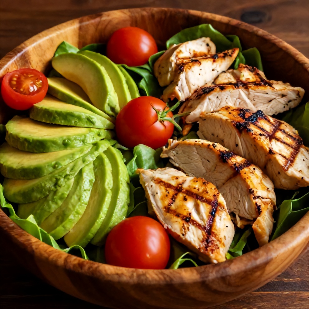 Plated grilled chicken cobb salad with avocado and cherry tomatoes