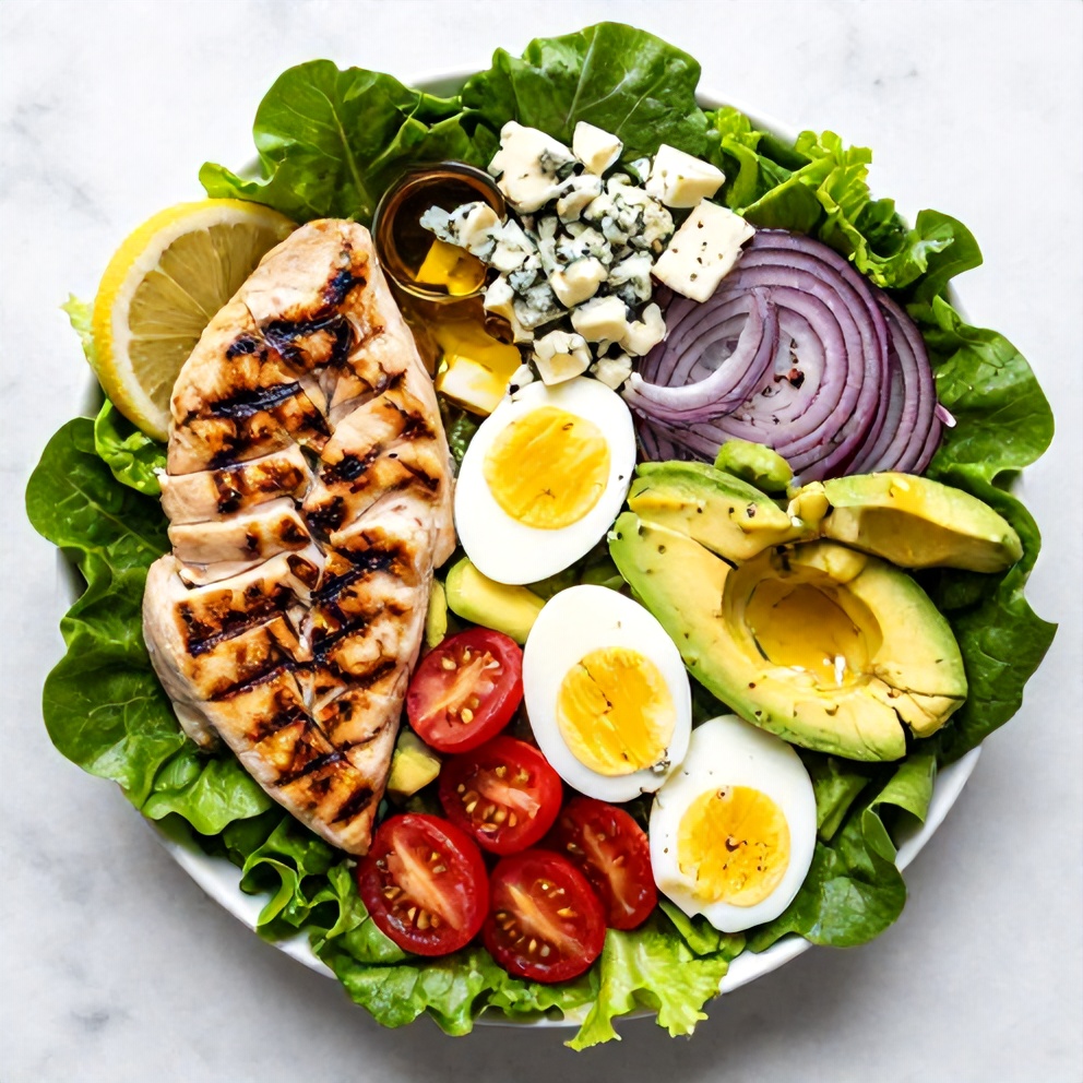 Raw ingredients for grilled chicken cobb salad on a marble surface