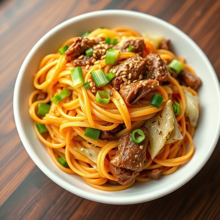 Plated chow mein in a ceramic bowl garnished with sliced green onions and sesame seeds