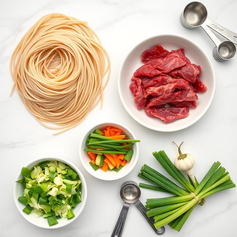 Raw ingredients for chow mein: thin wheat noodles, flank steak, cabbage, carrots, green onions, soy sauce, oyster sauce, sesame oil