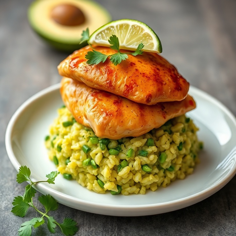 Plated honey lime chicken on cilantro avocado rice garnished with fresh lime wedges and cilantro